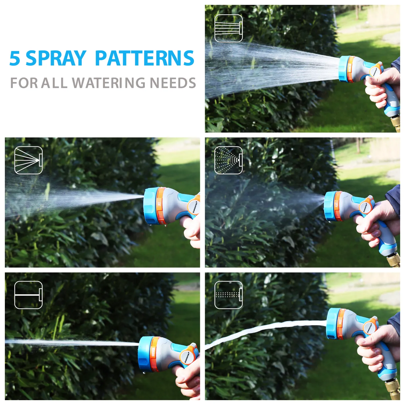 GRÜNTEK Ultraleichte Handbrause Garten Multibrause mit 5 Strahlarten, mit ergonomischem Griff und komfortabler Daumensteuerung, universeller Schnellanschluss