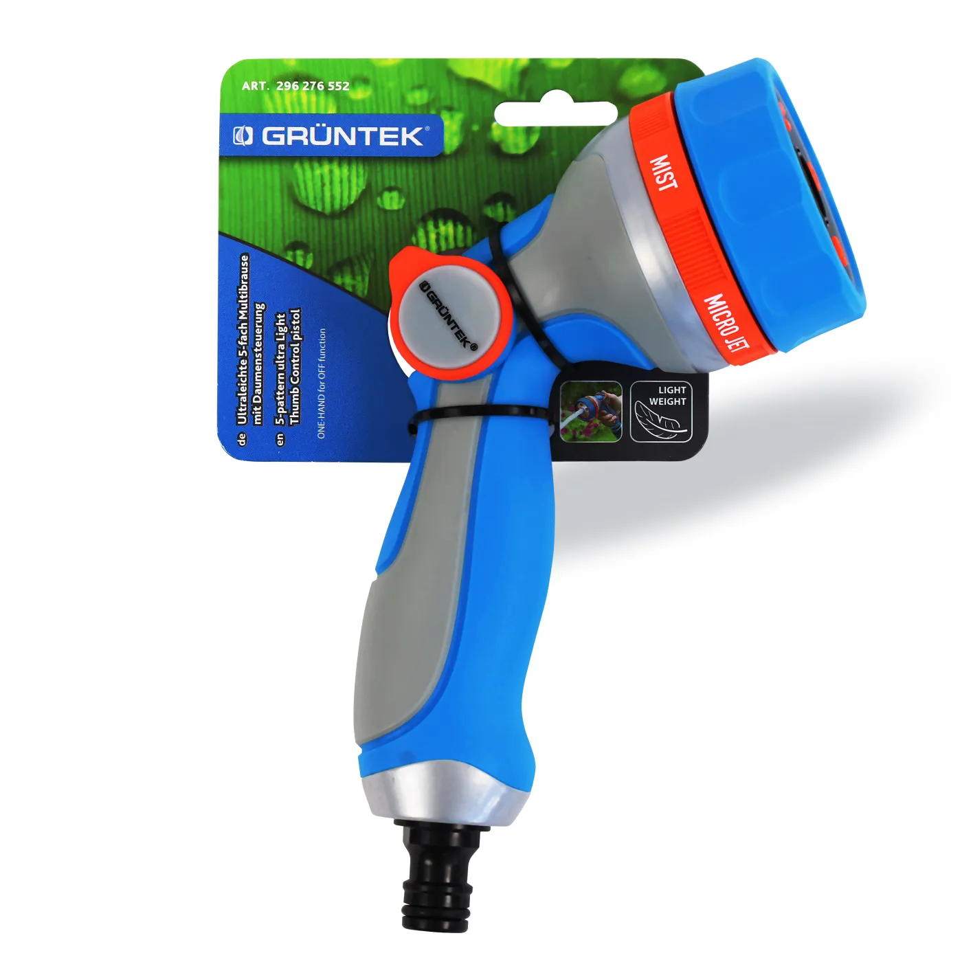 GRÜNTEK Ultraleichte Handbrause Garten Multibrause mit 5 Strahlarten, mit ergonomischem Griff und komfortabler Daumensteuerung, universeller Schnellanschluss