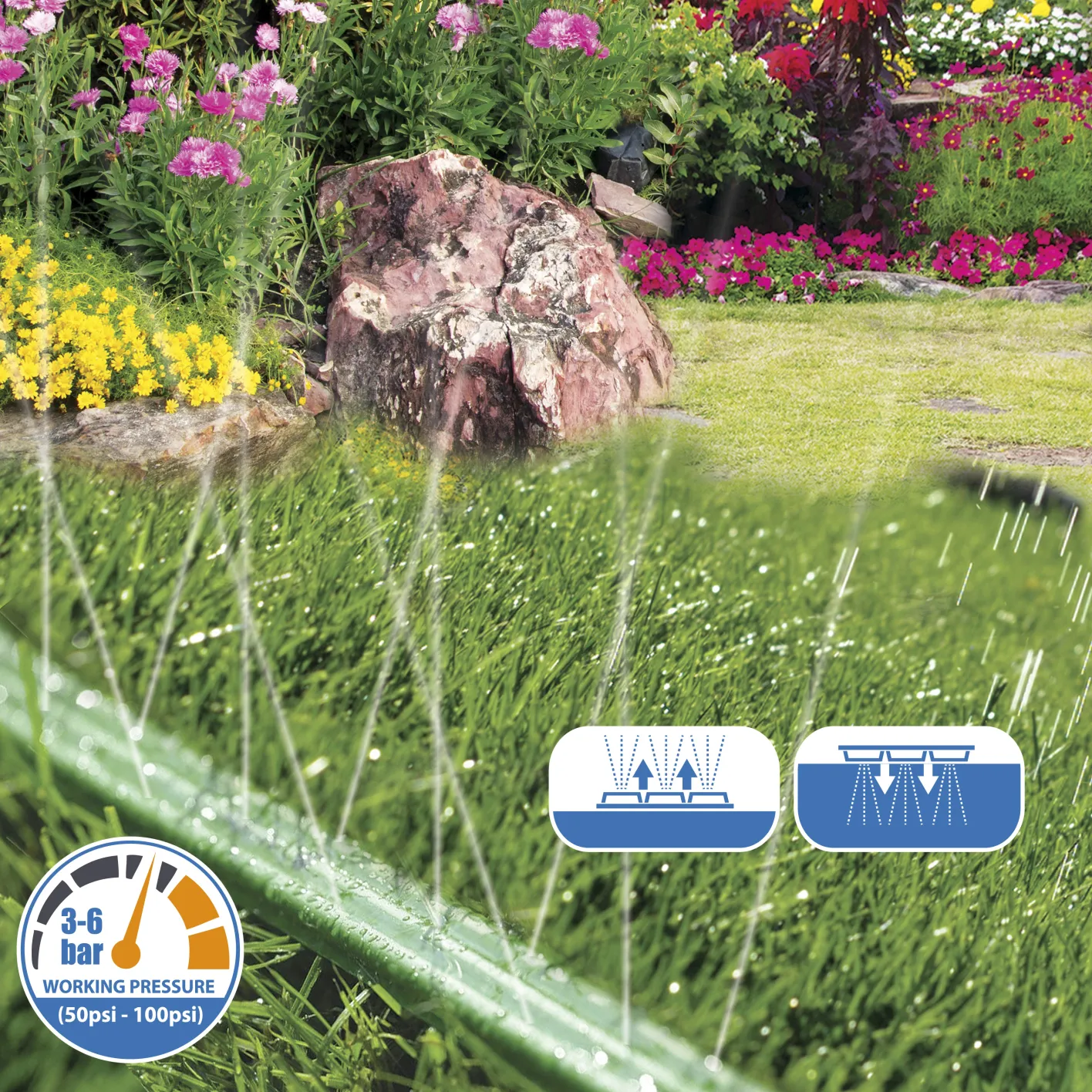 GRÜNTEK Schlauch-Regner, Sprühschlauch, Rasensprenger Gartenschlauch 15 m, Beregnungsfläche 4-5 m², Länge flexibel erweiterbar, Bewässerungsschlauch/Sprühregner mit Verbindungsstück aus Messing