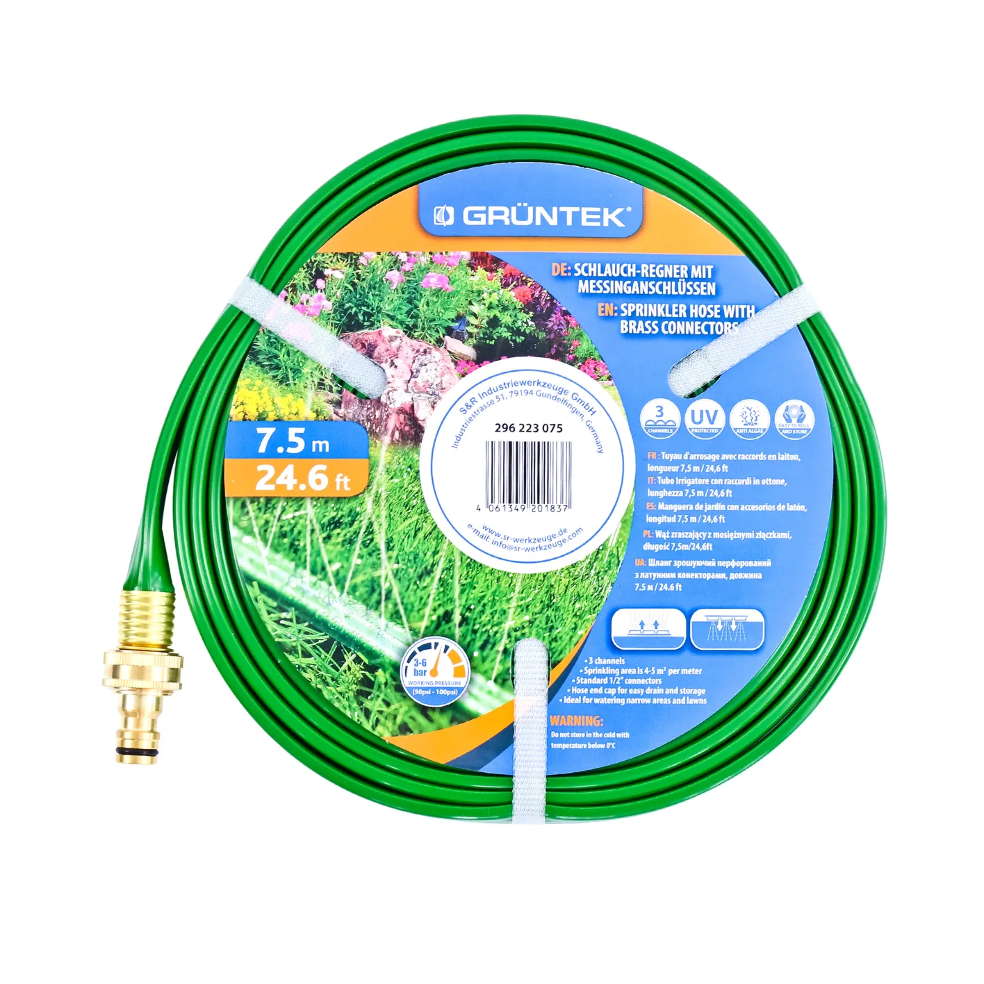 GRÜNTEK Schlauch-Regner, Sprühschlauch, Rasensprenger Gartenschlauch 7,5 m, Beregnungsfläche 4-5 m², Länge flexibel erweiterbar, Bewässerungsschlauch/Sprühregner mit Verbindungsstück aus Messing