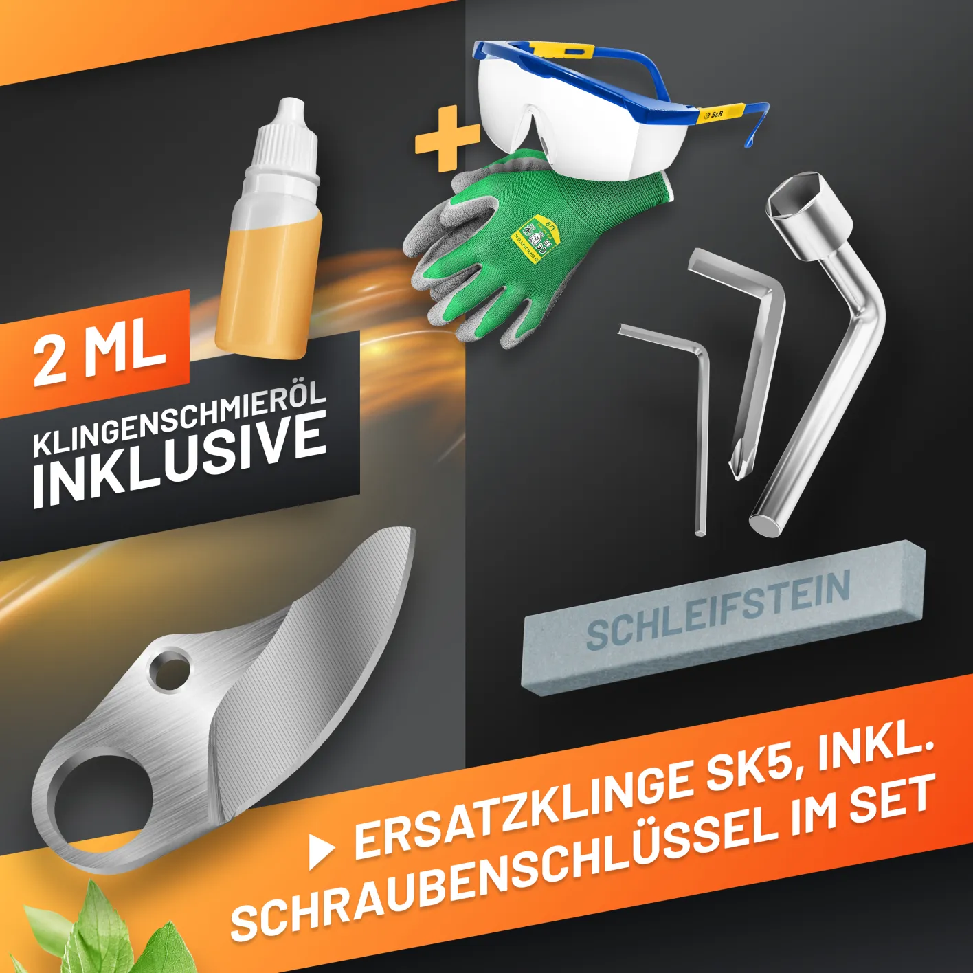 GRÜNTEK Akku-Astschere, Bild zeigt mitgeliefertes Zubehör