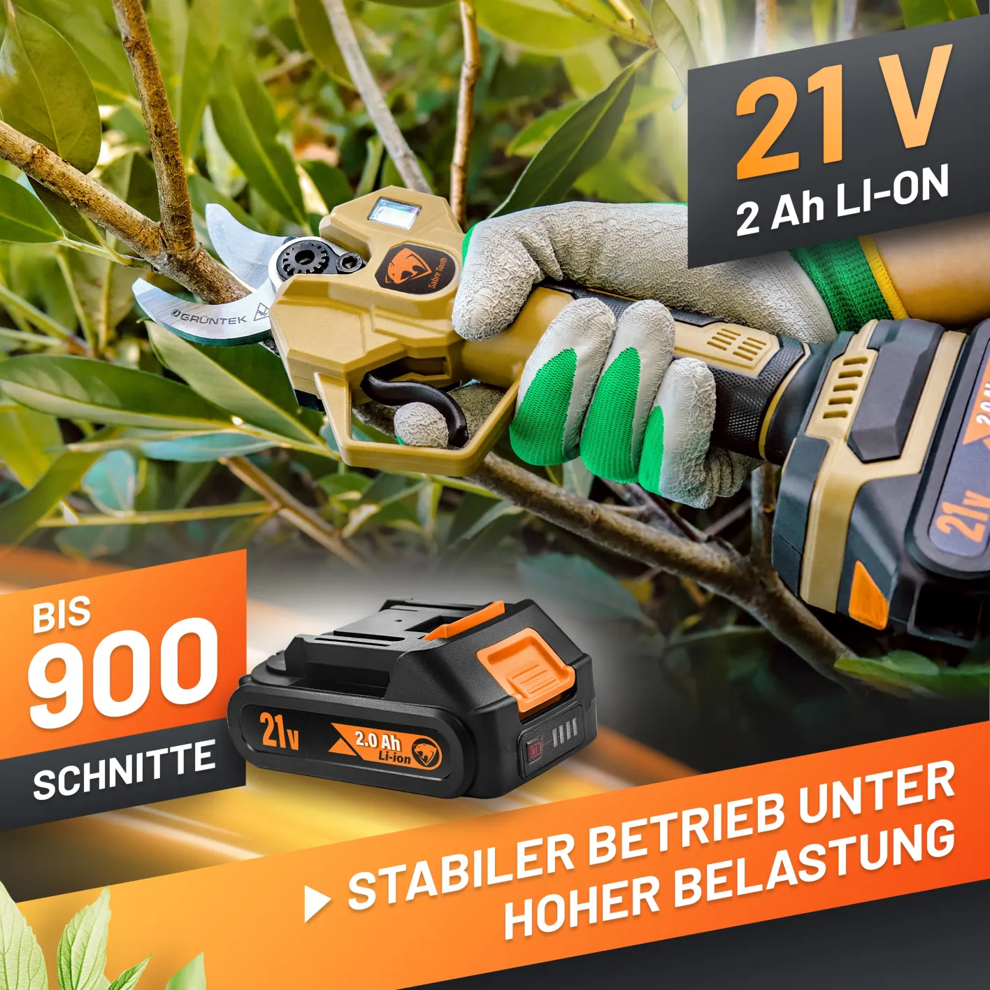 GRÜNTEK Akku-Astschere, Bild hebt die Qualität des mitgelieferten Akkus hervor und verweist auf bis zu 900 Schnitte pro Akkuladung