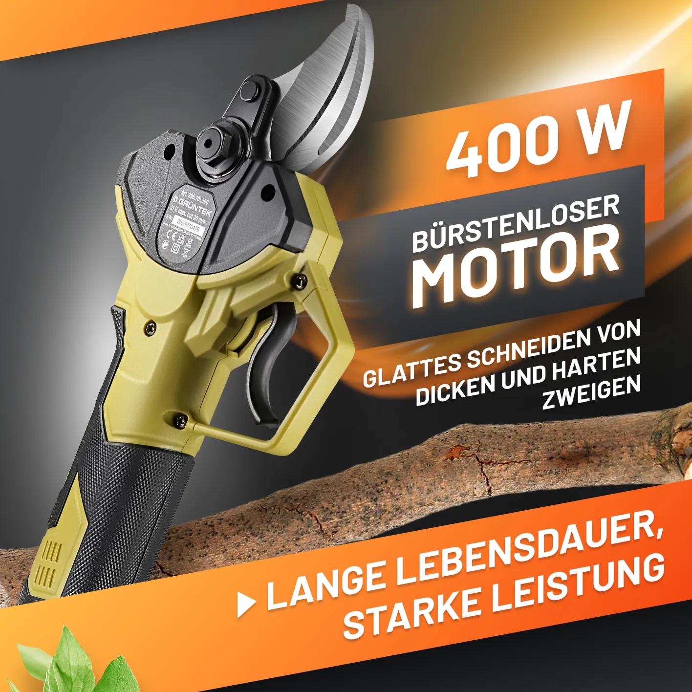 GRÜNTEK Akku-Astschere, Bild erläutert Eigenschaften des bürstenlosen 400 W Motors der Schere