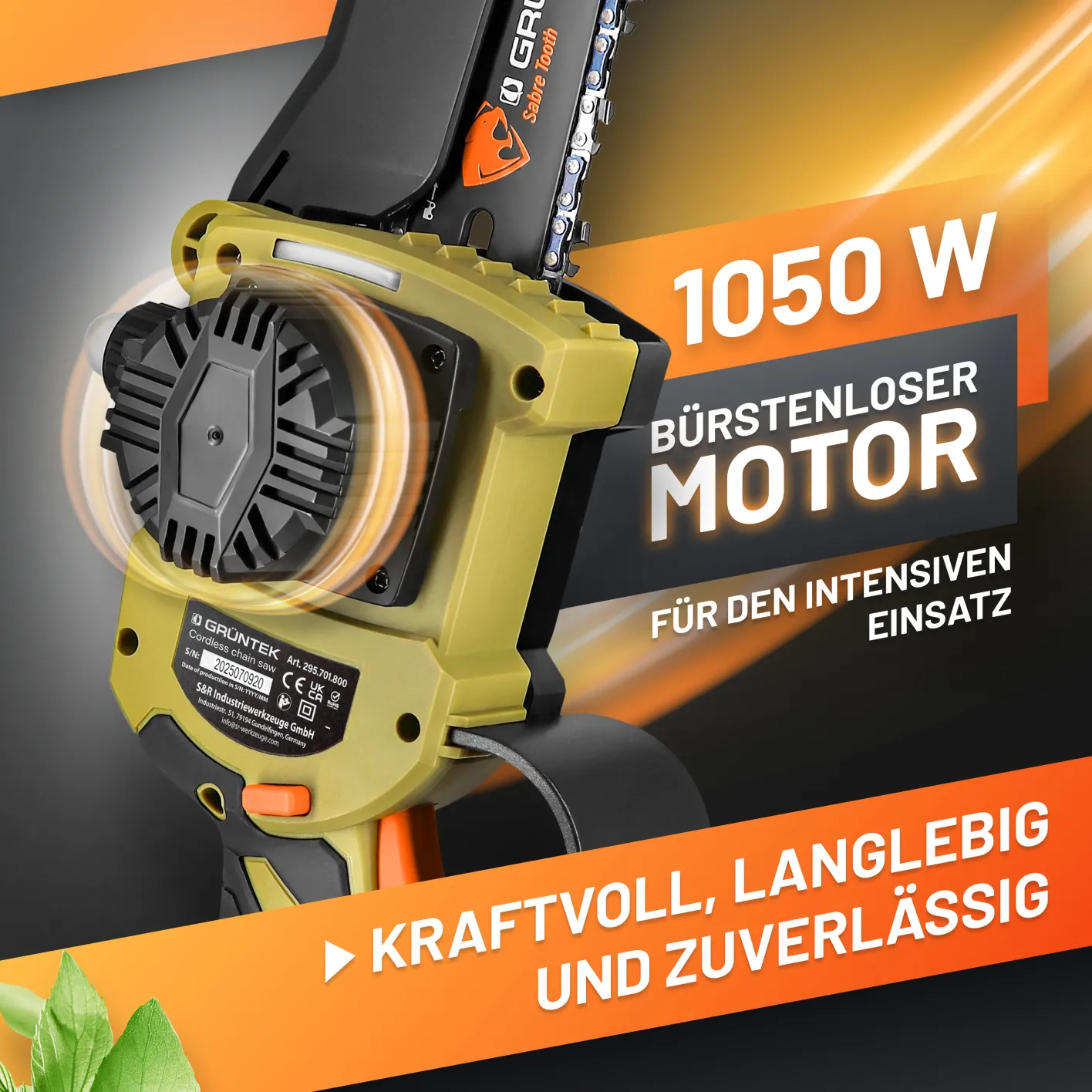 GRÜNTEK Akku-Kettensäge, Bild mit Beschreibung des bürstenlosen 1050 W Motors