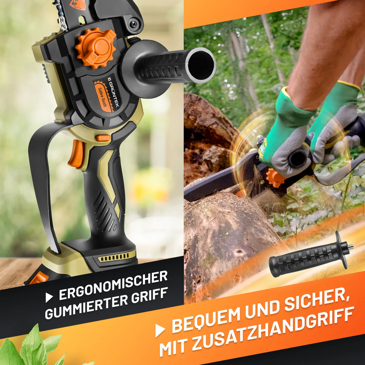 GRÜNTEK Akku-Kettensäge, Bild mit Beschreibung des mitgelieferten Zusatzhandgriffes für sicheres Arbeiten