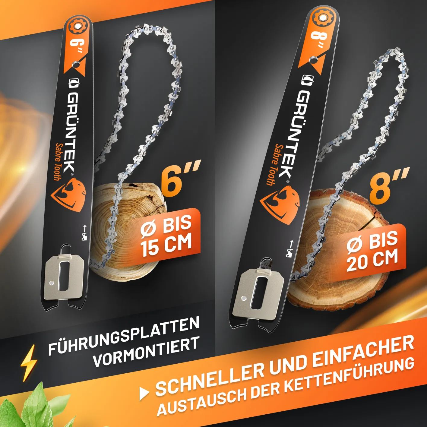 GRÜNTEK Akku-Kettensäge, Bild mit Beschreibung der mitgelieferten 6 und 8 Zoll Ketten und Schwerter