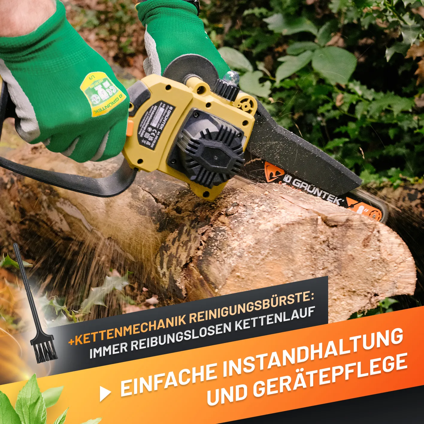 GRÜNTEK Akku-Kettensäge, Bild auf dem die einfache Instandhaltung und Pflege des Sets hervorgehoben wird