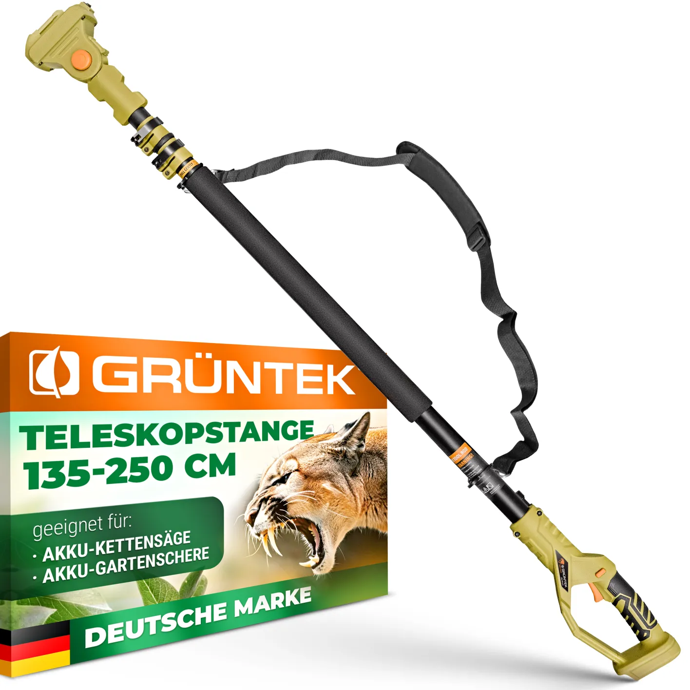 GRÜNTEK Teleskop-Verlängerung, Hauptbild zeigt die Verlängerung mit montiertem Schultergurt, sowie eine Produktkarte mit Bild eines Säbelzahntigers