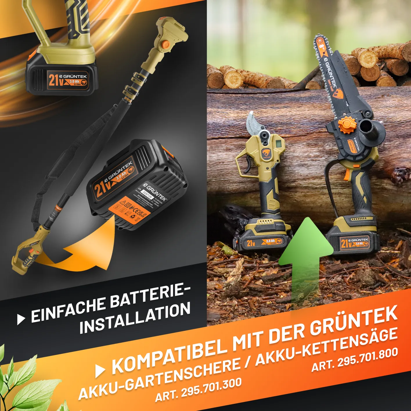 GRÜNTEK Teleskop-Verlängerung, Bild zeigt die Kompatibilität mit der GRÜNTEK Akku-Astschere und GRÜNTEK Akku-Kettensäge