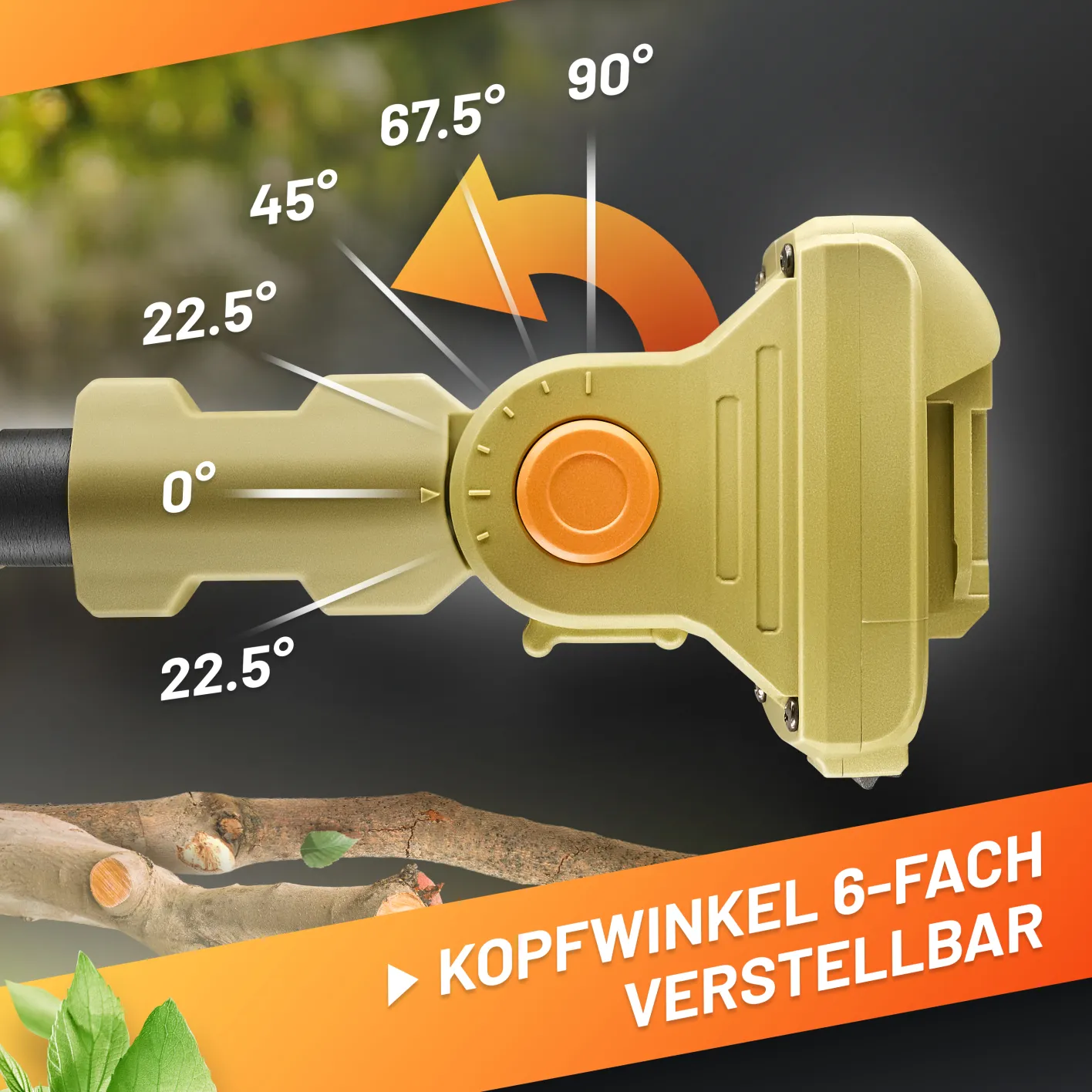 GRÜNTEK Teleskop-Verlängerung, Bild zeigt, dass der Winkel des Gelenkkopfes der Verlängerung 6-fach verstellbar ist, und zwar von -22,5 bis +90 Grad 