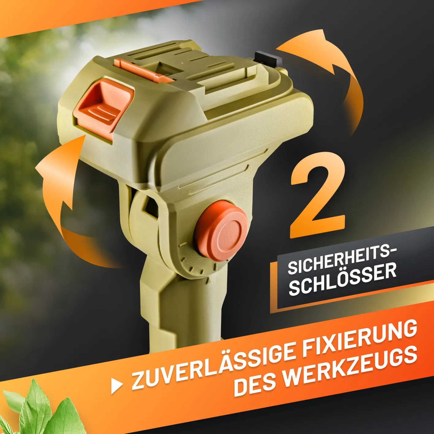 GRÜNTEK Teleskop-Verlängerung, Bild stellt dar, dass das Akkuwerkzeug durch 2 Mechanismen sicher auf der Verlängerung festgehalten wird