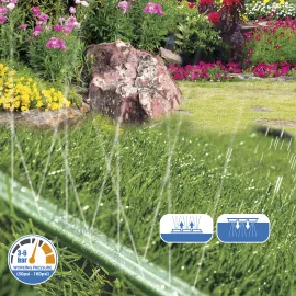 GRÜNTEK Schlauch-Regner, Sprühschlauch, Rasensprenger Gartenschlauch 7,5 m, Beregnungsfläche 4-5 m², Länge flexibel erweiterbar, Bewässerungsschlauch/Sprühregner mit Verbindungsstück aus Messing