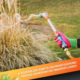 GRÜNTEK Gießstab Wasser-Lanze Gartenbrause für Gartenbewässerung, KFZ- und Fahrradreinigung, starke Sprühlanze, stufenlose Daumensteuerung, Stab Metall Handbrause schwenkbar mit 2 Strahl-Arten