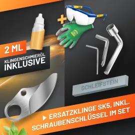 GRÜNTEK Akku-Astschere, Bild zeigt mitgeliefertes Zubehör