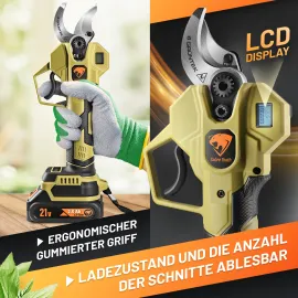GRÜNTEK Akku-Astschere, Bild erläutert den ergonomischen, gummierten Griff und das LCD Display