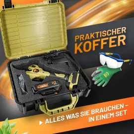 GRÜNTEK Akku-Astschere, Bild zeigt den geöffneten Koffer des Sets samt mitgelieferten Teilen