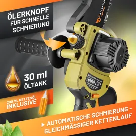 GRÜNTEK Akku-Kettensäge, Bild mit Beschreibung des automatischen Ölungs-Mechanismus der Kette nach Knopfdruck