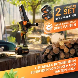 GRÜNTEK Akku-Kettensäge, Bild mit Beschreibung der beiden im Set enthaltenen 3.0 Amperestunden Akku-Packs