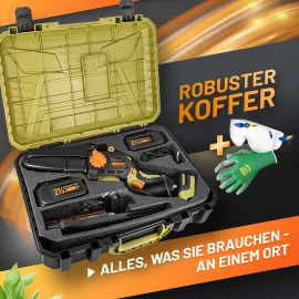 GRÜNTEK Akku-Kettensäge, Bild auf dem der offene Koffer mit dem gesamtem Lieferumfang des Sets zu sehen ist