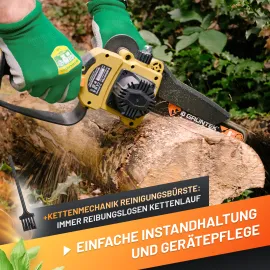 GRÜNTEK Akku-Kettensäge, Bild auf dem die einfache Instandhaltung und Pflege des Sets hervorgehoben wird