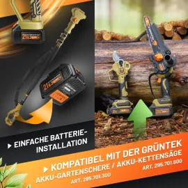 GRÜNTEK Teleskop-Verlängerung, Bild zeigt die Kompatibilität mit der GRÜNTEK Akku-Astschere und GRÜNTEK Akku-Kettensäge