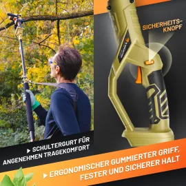 GRÜNTEK Teleskop-Verlängerung, Bild weist auf den gepolsterter Schultergurt und Sicherheitsknopf am Griff der Verlängerung hin